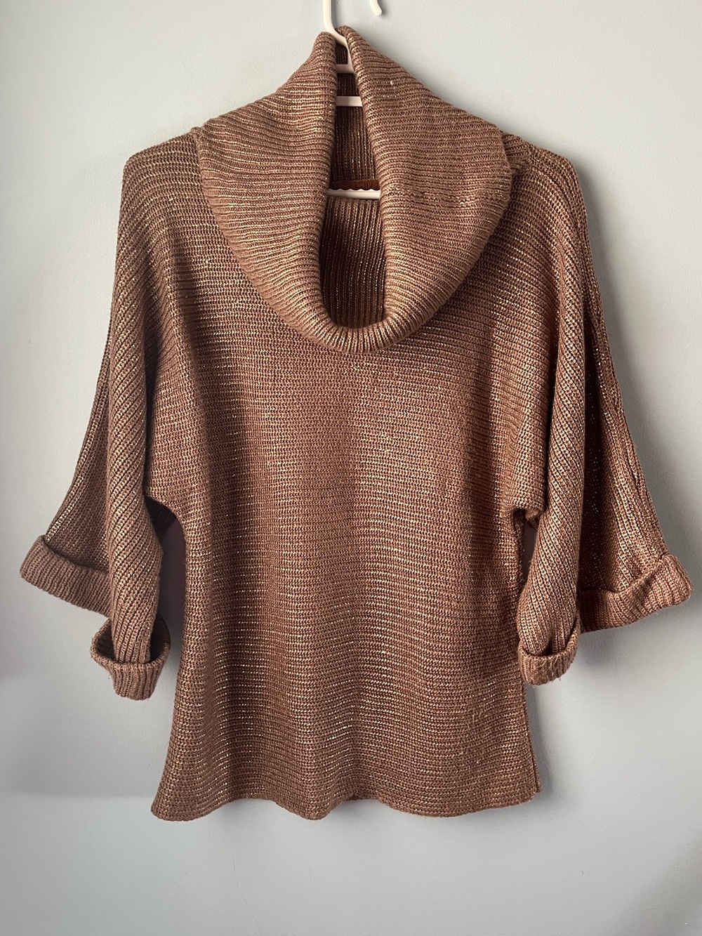 Belldini Metallic Copper Brown Knit Cowl Neck 3/4 Sleeve Relaxed Sweater Size L